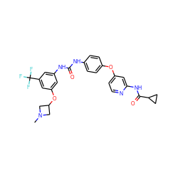 CN1CC(Oc2cc(NC(=O)Nc3ccc(Oc4ccnc(NC(=O)C5CC5)c4)cc3)cc(C(F)(F)F)c2)C1 ZINC000218970216