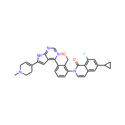 CN1CC=C(c2cc3c(-c4cccc(-n5ccc6cc(C7CC7)cc(F)c6c5=O)c4CO)ncnc3[nH]2)CC1 ZINC000299867560