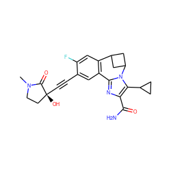 CN1CC[C@@](O)(C#Cc2cc3c(cc2F)C2CC(C2)n2c-3nc(C(N)=O)c2C2CC2)C1=O ZINC000219510877