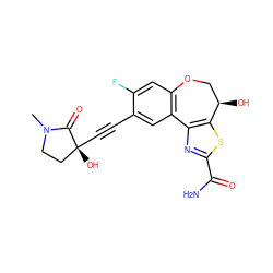 CN1CC[C@@](O)(C#Cc2cc3c(cc2F)OC[C@@H](O)c2sc(C(N)=O)nc2-3)C1=O ZINC000219489447