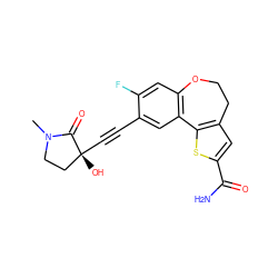 CN1CC[C@@](O)(C#Cc2cc3c(cc2F)OCCc2cc(C(N)=O)sc2-3)C1=O ZINC000219497741