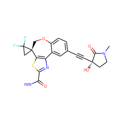 CN1CC[C@@](O)(C#Cc2ccc3c(c2)-c2nc(C(N)=O)sc2[C@]2(CO3)CC2(F)F)C1=O ZINC000219448407