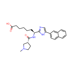 CN1CC[C@@H](C(=O)N[C@@H](CCCCCC(=O)O)c2ncc(-c3ccc4ccccc4c3)[nH]2)C1 ZINC000040875928