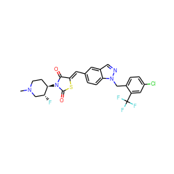 CN1CC[C@@H](N2C(=O)S/C(=C\c3ccc4c(cnn4Cc4ccc(Cl)cc4C(F)(F)F)c3)C2=O)[C@H](F)C1 ZINC000072318615