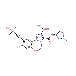 CN1CC[C@@H](NC(=O)c2c(C(N)=O)nc3n2CCOc2cc(F)c(C#CC(C)(C)O)cc2-3)C1 ZINC000215744516