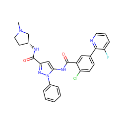 CN1CC[C@@H](NC(=O)c2cc(NC(=O)c3cc(-c4ncccc4F)ccc3Cl)n(-c3ccccc3)n2)C1 ZINC001772653302