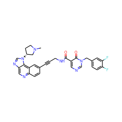 CN1CC[C@@H](n2cnc3cnc4ccc(C#CCNC(=O)c5cncn(Cc6ccc(F)c(F)c6)c5=O)cc4c32)C1 ZINC000149578104