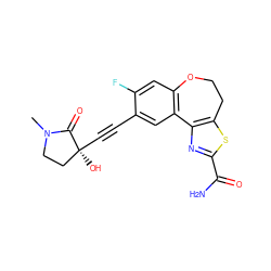 CN1CC[C@](O)(C#Cc2cc3c(cc2F)OCCc2sc(C(N)=O)nc2-3)C1=O ZINC000215746208