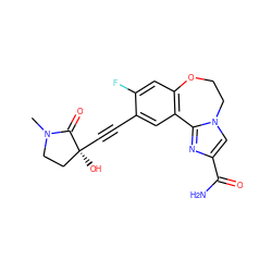 CN1CC[C@](O)(C#Cc2cc3c(cc2F)OCCn2cc(C(N)=O)nc2-3)C1=O ZINC000219485825