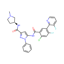 CN1CC[C@H](NC(=O)c2cc(NC(=O)c3cc(-c4ncccc4F)c(F)cc3Cl)n(-c3ccccc3)n2)C1 ZINC001772574504