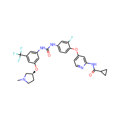 CN1CC[C@H](Oc2cc(NC(=O)Nc3ccc(Oc4ccnc(NC(=O)C5CC5)c4)c(F)c3)cc(C(F)(F)F)c2)C1 ZINC001772622381