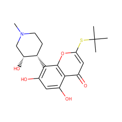 CN1CC[C@H](c2c(O)cc(O)c3c(=O)cc(SC(C)(C)C)oc23)[C@H](O)C1 ZINC000013834665