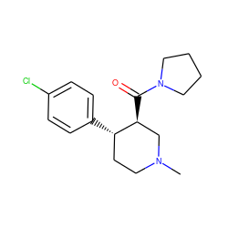 CN1CC[C@H](c2ccc(Cl)cc2)[C@@H](C(=O)N2CCCC2)C1 ZINC000013579448