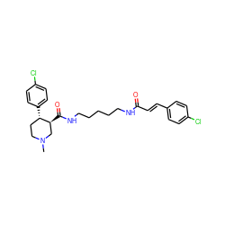 CN1CC[C@H](c2ccc(Cl)cc2)[C@@H](C(=O)NCCCCCNC(=O)/C=C/c2ccc(Cl)cc2)C1 ZINC000013862757