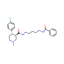 CN1CC[C@H](c2ccc(Cl)cc2)[C@@H](C(=O)NCCCCCNC(=O)c2ccccc2)C1 ZINC000013862755