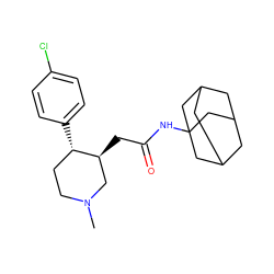 CN1CC[C@H](c2ccc(Cl)cc2)[C@@H](CC(=O)NC23CC4CC(CC(C4)C2)C3)C1 ZINC000013579471