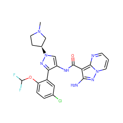 CN1CC[C@H](n2cc(NC(=O)c3c(N)nn4cccnc34)c(-c3cc(Cl)ccc3OC(F)F)n2)C1 ZINC001772651551