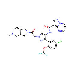 CN1CC[C@H]2CN(C(=O)Cn3cc(NC(=O)c4cnn5cccnc45)c(-c4cc(Cl)ccc4OC(F)F)n3)C[C@H]2C1 ZINC001772609832