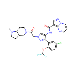 CN1CC[C@H]2CN(C(=O)Cn3cc(NC(=O)c4cnn5cccnc45)c(-c4cc(Cl)ccc4OC(F)F)n3)CC[C@H]21 ZINC001772593333