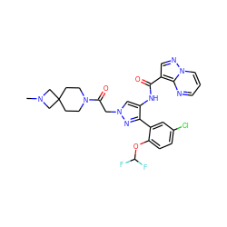 CN1CC2(CCN(C(=O)Cn3cc(NC(=O)c4cnn5cccnc45)c(-c4cc(Cl)ccc4OC(F)F)n3)CC2)C1 ZINC001772611063