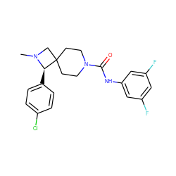 CN1CC2(CCN(C(=O)Nc3cc(F)cc(F)c3)CC2)[C@H]1c1ccc(Cl)cc1 ZINC000058627033