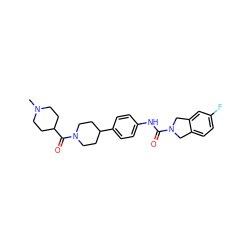 CN1CCC(C(=O)N2CCC(c3ccc(NC(=O)N4Cc5ccc(F)cc5C4)cc3)CC2)CC1 ZINC001772625184