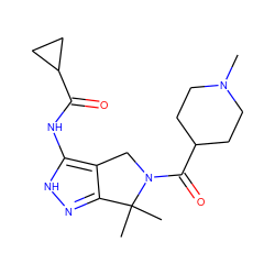 CN1CCC(C(=O)N2Cc3c(n[nH]c3NC(=O)C3CC3)C2(C)C)CC1 ZINC000071316281