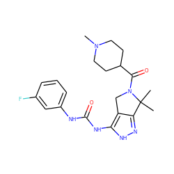 CN1CCC(C(=O)N2Cc3c(n[nH]c3NC(=O)Nc3cccc(F)c3)C2(C)C)CC1 ZINC000038838857