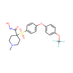 CN1CCC(C(=O)NO)(S(=O)(=O)c2ccc(Oc3ccc(OC(F)(F)F)cc3)cc2)CC1 ZINC000072109672