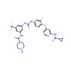 CN1CCC(C(=O)Nc2cc(NC(=O)Nc3ccc(Oc4ccnc(NC(=O)C5CC5)c4)c(F)c3)cc(C(F)(F)F)c2)CC1 ZINC001772605925