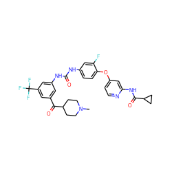 CN1CCC(C(=O)c2cc(NC(=O)Nc3ccc(Oc4ccnc(NC(=O)C5CC5)c4)c(F)c3)cc(C(F)(F)F)c2)CC1 ZINC001772584991