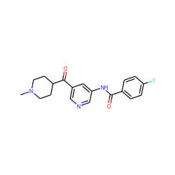 CN1CCC(C(=O)c2cncc(NC(=O)c3ccc(F)cc3)c2)CC1 ZINC000473106325