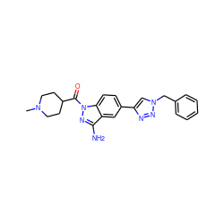 CN1CCC(C(=O)n2nc(N)c3cc(-c4cn(Cc5ccccc5)nn4)ccc32)CC1 ZINC000063298322