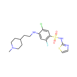 CN1CCC(CCNc2cc(F)c(S(=O)(=O)Nc3nccs3)cc2Cl)CC1 ZINC001772627761