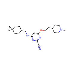 CN1CCC(CCOc2cc(NCC3CCC4(CC3)CC4)nc(C#N)n2)CC1 ZINC000040428695