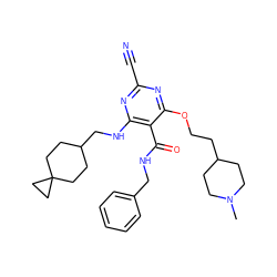 CN1CCC(CCOc2nc(C#N)nc(NCC3CCC4(CC3)CC4)c2C(=O)NCc2ccccc2)CC1 ZINC000040973660