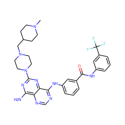CN1CCC(CN2CCN(c3nc(N)c4ncnc(Nc5cccc(C(=O)Nc6cccc(C(F)(F)F)c6)c5)c4n3)CC2)CC1 ZINC000148034296