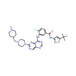 CN1CCC(CN2CCN(c3ncc4ncnc(Nc5cc(C(=O)Nc6cc(C(C)(C)C)on6)ccc5F)c4n3)CC2)CC1 ZINC000148274927
