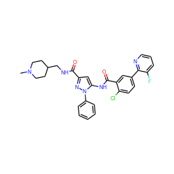 CN1CCC(CNC(=O)c2cc(NC(=O)c3cc(-c4ncccc4F)ccc3Cl)n(-c3ccccc3)n2)CC1 ZINC001772646781