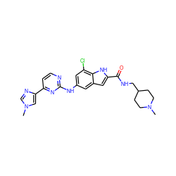 CN1CCC(CNC(=O)c2cc3cc(Nc4nccc(-c5cn(C)cn5)n4)cc(Cl)c3[nH]2)CC1 ZINC000222324741