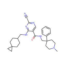 CN1CCC(CNC(=O)c2cnc(C#N)nc2NCC2CCC3(CC2)CC3)(c2ccccc2)CC1 ZINC000040380581