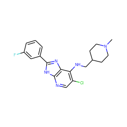 CN1CCC(CNc2c(Cl)cnc3[nH]c(-c4cccc(F)c4)nc23)CC1 ZINC000653783802