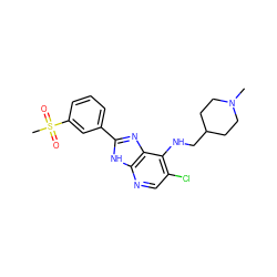 CN1CCC(CNc2c(Cl)cnc3[nH]c(-c4cccc(S(C)(=O)=O)c4)nc23)CC1 ZINC000653783579