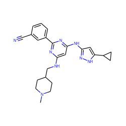 CN1CCC(CNc2cc(Nc3cc(C4CC4)[nH]n3)nc(-c3cccc(C#N)c3)n2)CC1 ZINC000084619480