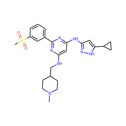 CN1CCC(CNc2cc(Nc3cc(C4CC4)[nH]n3)nc(-c3cccc(S(C)(=O)=O)c3)n2)CC1 ZINC000084620013