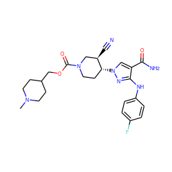 CN1CCC(COC(=O)N2CC[C@@H](n3cc(C(N)=O)c(Nc4ccc(F)cc4)n3)[C@H](C#N)C2)CC1 ZINC000220648505