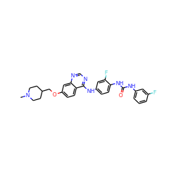 CN1CCC(COc2ccc3c(Nc4ccc(NC(=O)Nc5cccc(F)c5)c(F)c4)ncnc3c2)CC1 ZINC000082155149