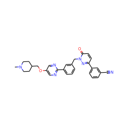 CN1CCC(COc2cnc(-c3cccc(Cn4nc(-c5cccc(C#N)c5)ccc4=O)c3)nc2)CC1 ZINC000043202335