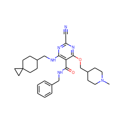 CN1CCC(COc2nc(C#N)nc(NCC3CCC4(CC3)CC4)c2C(=O)NCc2ccccc2)CC1 ZINC000040430467