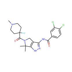 CN1CCC(F)(C(=O)N2Cc3c(NC(=O)c4ccc(Cl)c(Cl)c4)n[nH]c3C2(C)C)CC1 ZINC000114182601